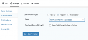 form confirmation setting type in wordpress